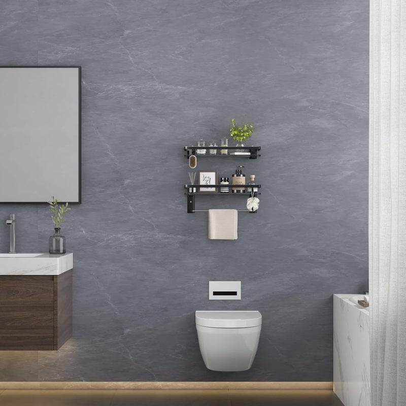 VOLPONE Glass Shelf for Bathroom 15.7 in Black Bathroom Shelves Wall Mounted Tempered Glass Shelving with 4 Removable Hooks (2 Tier) - Image 2