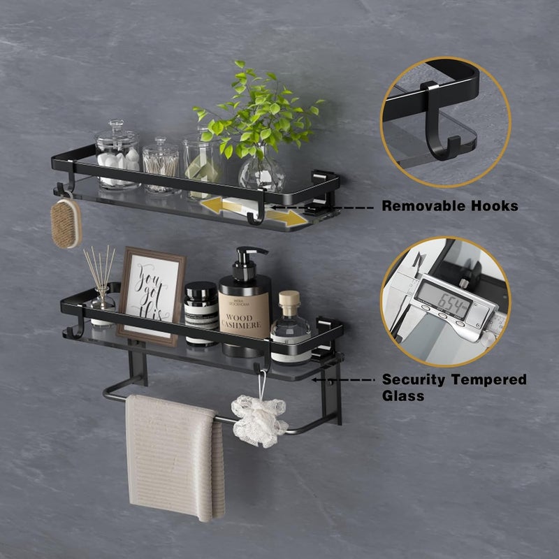 VOLPONE Glass Shelf for Bathroom 15.7 in Black Bathroom Shelves Wall Mounted Tempered Glass Shelving with 4 Removable Hooks (2 Tier) - Image 3