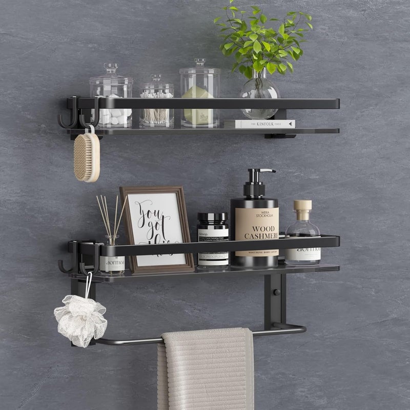 VOLPONE Glass Shelf for Bathroom 15.7 in Black Bathroom Shelves Wall Mounted Tempered Glass Shelving with 4 Removable Hooks (2 Tier) - Image 1