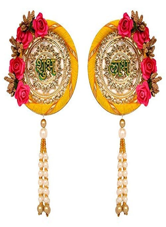 Prime hub Metal Shubh-Labh with Flower Border Hangings for Door Decoration/Diwali Decoration (Yellow and Pink) - Image 1