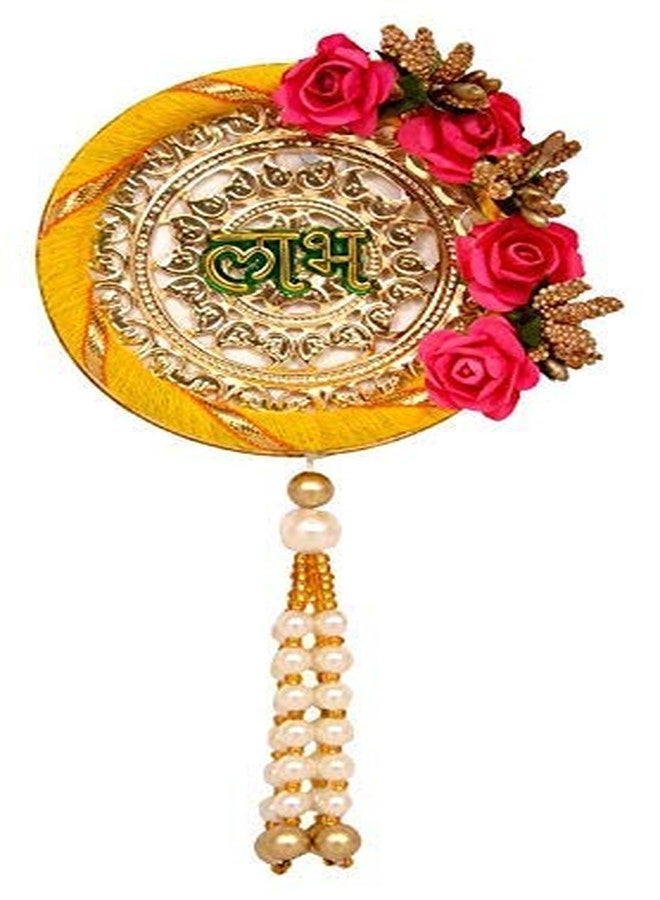 Prime hub Metal Shubh-Labh with Flower Border Hangings for Door Decoration/Diwali Decoration (Yellow and Pink) - Image 3