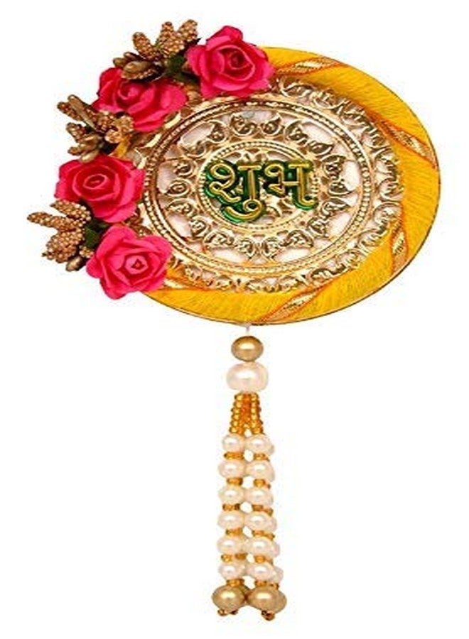 Prime hub Metal Shubh-Labh with Flower Border Hangings for Door Decoration/Diwali Decoration (Yellow and Pink) - Image 2