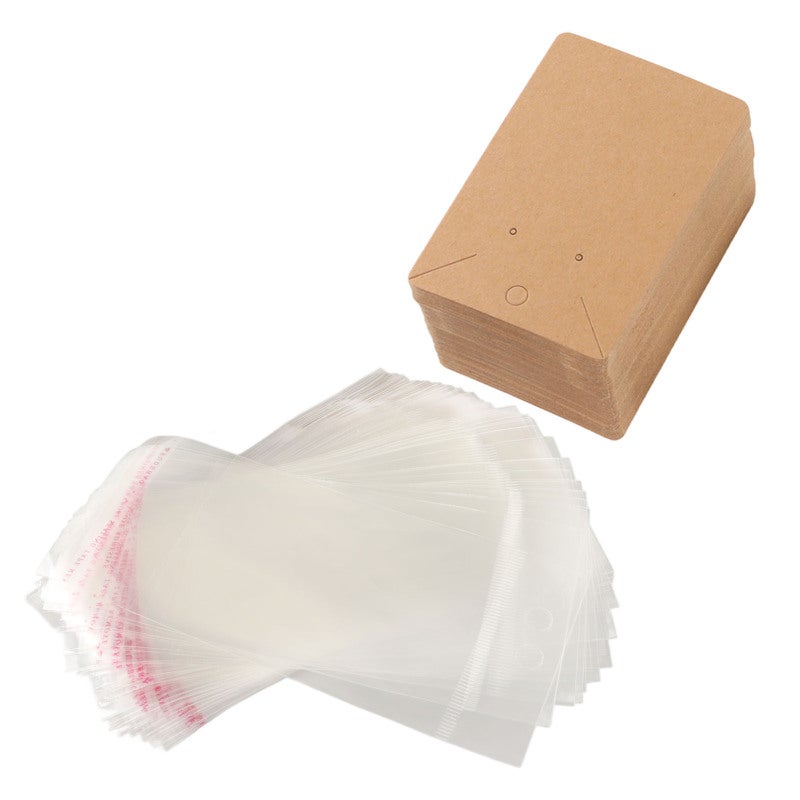 Earring Cards 100 Sets Kraft Paper With Hanging Holes - Clear Opp Sealing Bags Jewelry Display for Home Storage Craft Fairs Gift Wrapping - Image 1