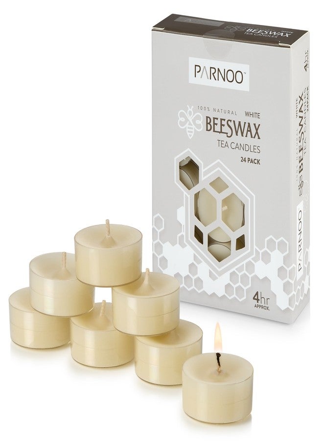 PARNOO 100% Natural White Beeswax Tealight Candles in Clear Plastic Cups, 4 Hours Burn time - Pack of 24 - Image 1