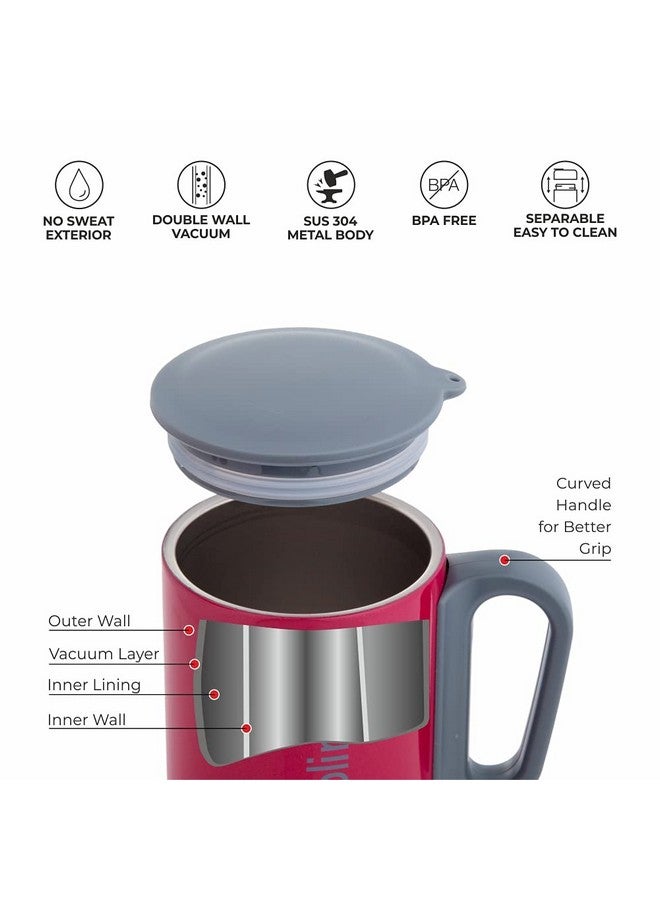 DUBBLIN Polo Stainless Steel Unbreakable Tea Coffee Mug Double Wall with Handle and Lid, Wide Mouth Mug Keeps Beverages Hot & Cold 270 ML Pink - Image 2