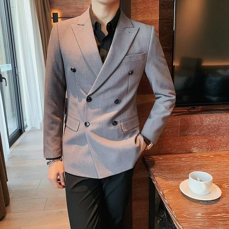 Double-Breasted Casual Blazer Jacket for Men Business Slim Fit Suit Set - Image 2