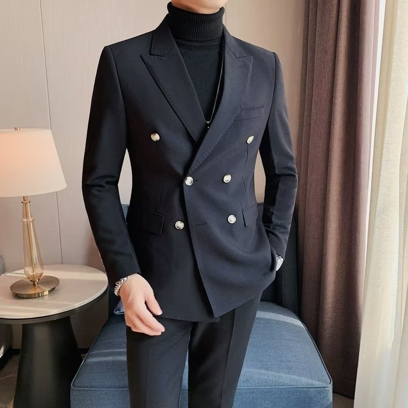 Double-Breasted Casual Blazer Jacket for Men Business Slim Fit Suit Set - Image 4