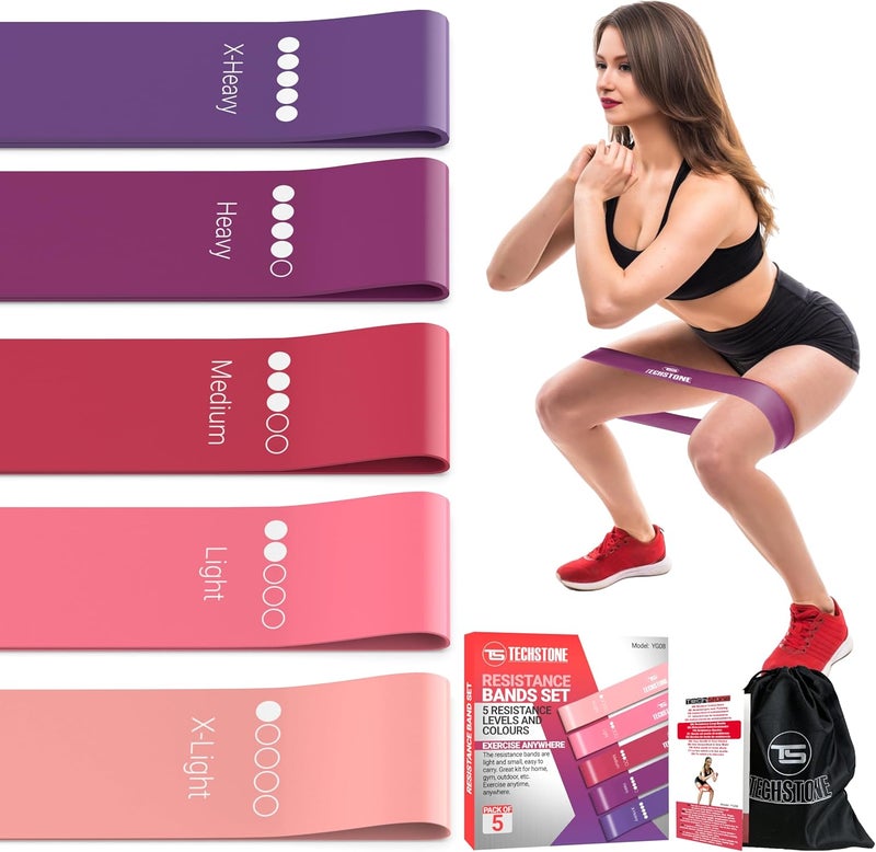 TechStone Resistance Bands Set for Men and Women, Pack of 5 Different Levels Elastic Band for Home Gym Long Exercise Workout – Great Fitness Equipment for Training, Yoga – Free Carrying Bag - Image 1