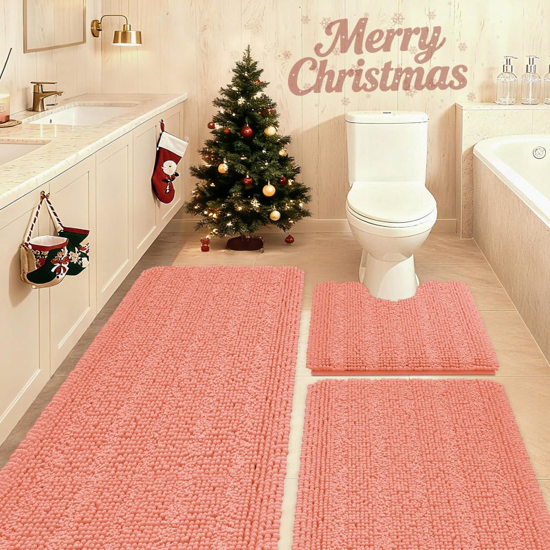 ACCUMTEK Striped Coral Bathroom Rug Set 3 Pieces Ultra Soft Non Slip Chenille Toilet Mat Absorbent Plush Shaggy Bath Mats for Bathroom Bedroom Kitchen