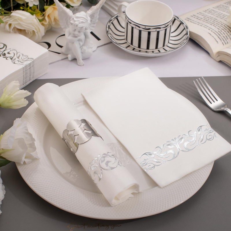 WDF مناديل ورقية فضية قابلة للتصرف 150 حزمة - مناديل فضية 3 طبقات مناديل قابلة للتصرف عالية الجودة مناديل حفلات مناديل عشاء لحفلات الزفاف وحفلات استقبال المواليد وذكرى الزواج وأعياد الميلاد - Image 4