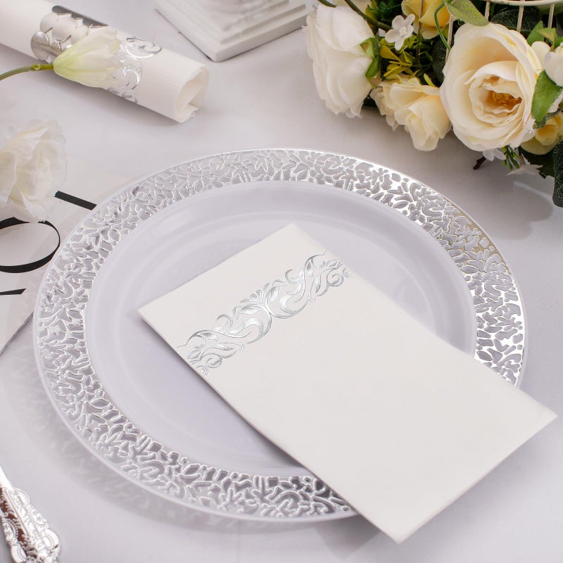 WDF مناديل ورقية فضية قابلة للتصرف 150 حزمة - مناديل فضية 3 طبقات مناديل قابلة للتصرف عالية الجودة مناديل حفلات مناديل عشاء لحفلات الزفاف وحفلات استقبال المواليد وذكرى الزواج وأعياد الميلاد - Image 5