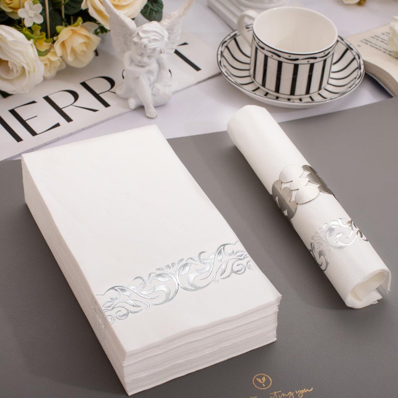 WDF مناديل ورقية فضية قابلة للتصرف 150 حزمة - مناديل فضية 3 طبقات مناديل قابلة للتصرف عالية الجودة مناديل حفلات مناديل عشاء لحفلات الزفاف وحفلات استقبال المواليد وذكرى الزواج وأعياد الميلاد - Image 2