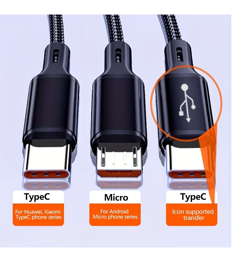 3 In 1 Fast Charging Cable 47 Inch Nylon Braided Dual Type C and Micro USB 66W Multi Device Adapter with Data Transfer Essential Car and Office Charging Cable Black - Image 2