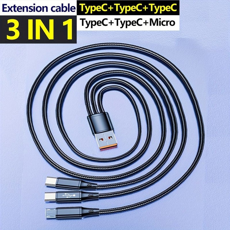 3 In 1 Fast Charging Cable 47 Inch Nylon Braided Dual Type C and Micro USB 66W Multi Device Adapter with Data Transfer Essential Car and Office Charging Cable Black - Image 1