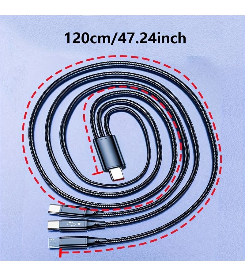 3 In 1 Fast Charging Cable 47 Inch Nylon Braided Dual Type C and Micro USB 66W Multi Device Adapter with Data Transfer Essential Car and Office Charging Cable Black - Image 3