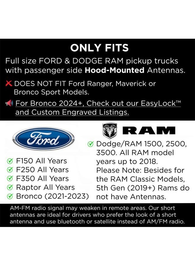 EcoAuto Badass Car Antenna Replacement for Dodge Ram & Ford F150 F250 F350 Super Duty Ford Raptor Bronco Trucks - Anti-Theft Design - Radio Antenna for Truck 1990 - Current (American Skull Black) - Image 4