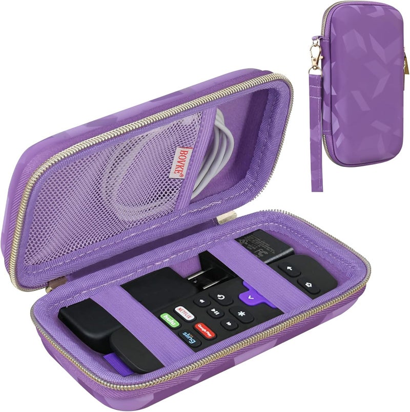 بوفك حقيبة صلبة من BOVKE لجهاز التحكم عن بعد الصوتي لـ Roku، وعصا البث Roku Streaming Stick+ / 4K، حقيبة لجهاز التحكم عن بعد لتلفزيون Roku Streaming Stick 3820R/3821R/3941R، جيب شبك�� إضافي للمحولات والكابلات، لون بنفسجي. - Image 1