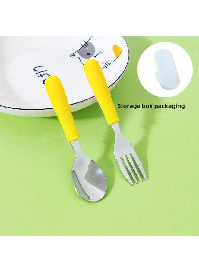 Silicone Children's Fork Spoon Suit Short Handle 304 Stainless Steel Tableware Portable Fork Spoon Two-piece Dessert Spoon Cake Spoon-Specifications:Yellow - Image 1