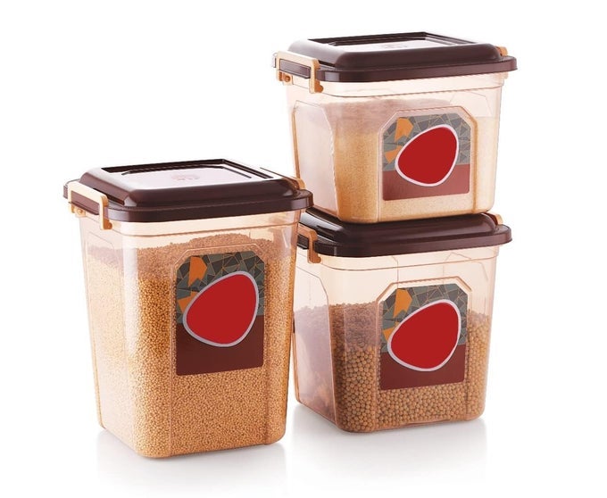 KITCHEN STORAGE CONTAINER SET WITH LID AND LOCK SYSTEM FOOD AND GRAIN STORAGE JAR SET OF 3 CEREAL CONTAINER SET OF 3 14 L 17 L 21 L TRANSPARENT CONTAINERS SET BROWN
