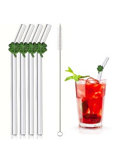 Reusable Glass Straws Set of 4 with Clover Decoration – Eco-Friendly Drinking Straws with Cleaning Brush – Bring Luck to Every Sip!