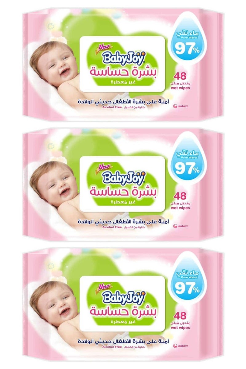 Baby Joy Sensitive Skin Wet Wipes, Unscented, 48 Wipes - 3pcs - Image 1