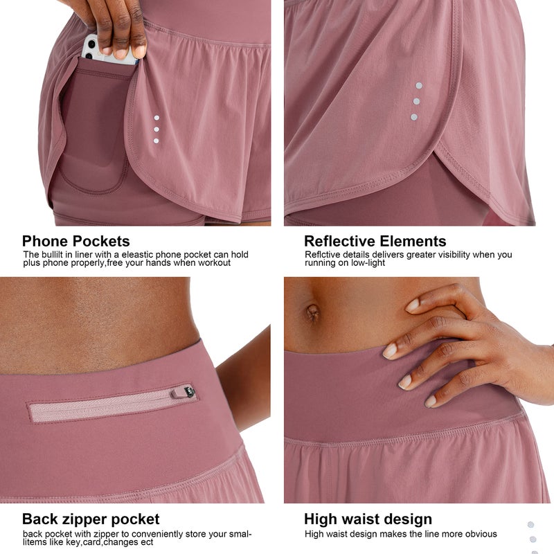 Soothfeel Women's 2 in 1 Running Shorts Workout Athletic Gym Yoga Shorts for Soothfeel Women with Phone Pockets Old Rose - Image 4