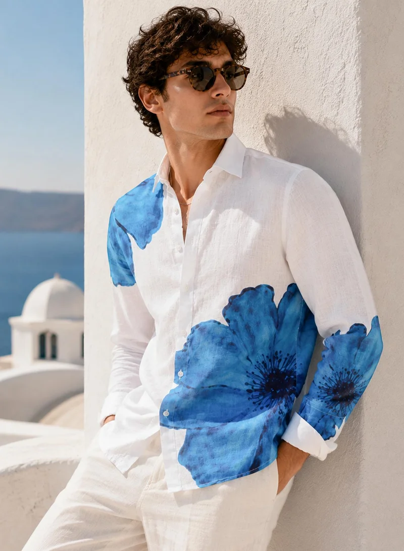 Cahoot Men's White Printed Cotton Blend Shirt