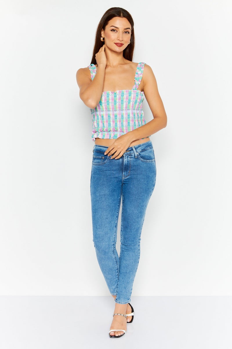 French Connection Women Square Neck Sleeveless Checkered Top, Lilac - Image 2