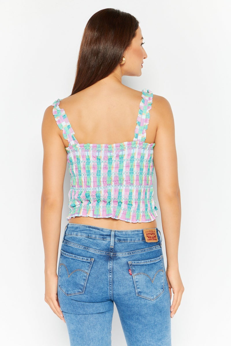 French Connection Women Square Neck Sleeveless Checkered Top, Lilac - Image 4