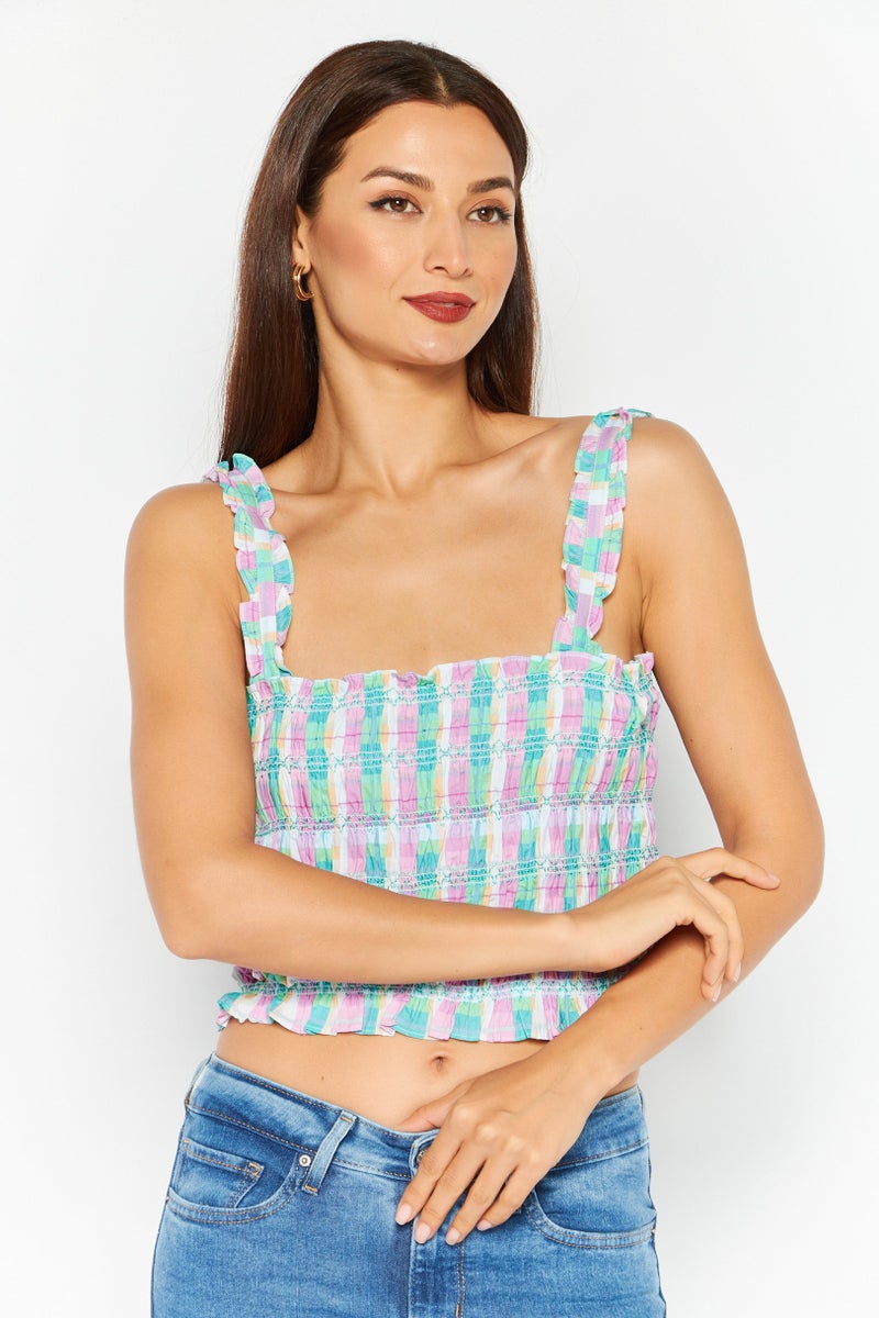 French Connection Women Square Neck Sleeveless Checkered Top, Lilac - Image 1