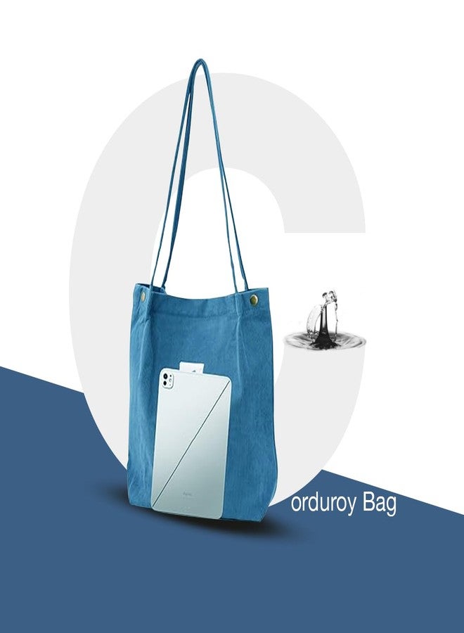 Lyrovo Women Corduroy Shoulder Tote Bag for Work Beach Travel and Shopping Grocery (Blue) - Image 2