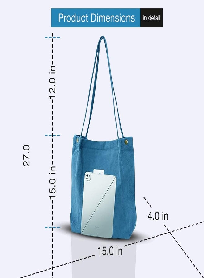 Lyrovo Women Corduroy Shoulder Tote Bag for Work Beach Travel and Shopping Grocery (Blue) - Image 5