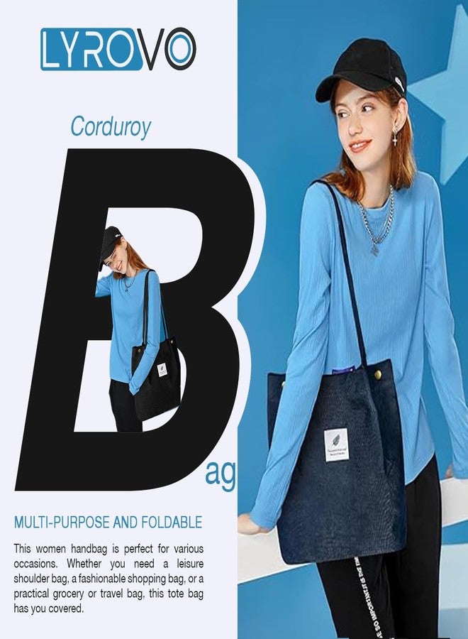 Lyrovo Women Corduroy Shoulder Tote Bag for Work Beach Travel and Shopping Grocery (Blue) - Image 4