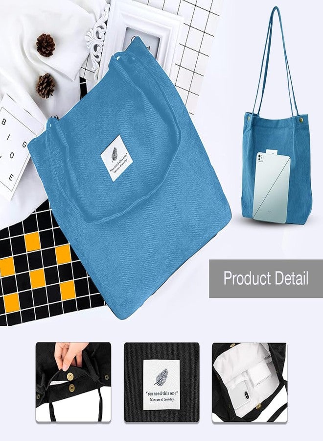 Lyrovo Women Corduroy Shoulder Tote Bag for Work Beach Travel and Shopping Grocery (Blue) - Image 3