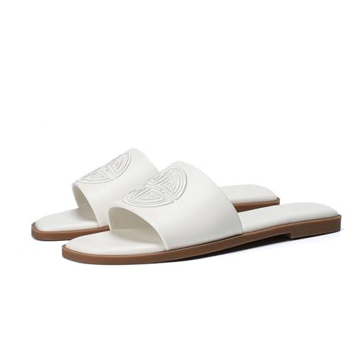 Stratuxx Kaze Womens Flat Sandals Dressy Summer Slide with Memory Foam Comfortable Cute Leather White Sandals for Women - Image 2