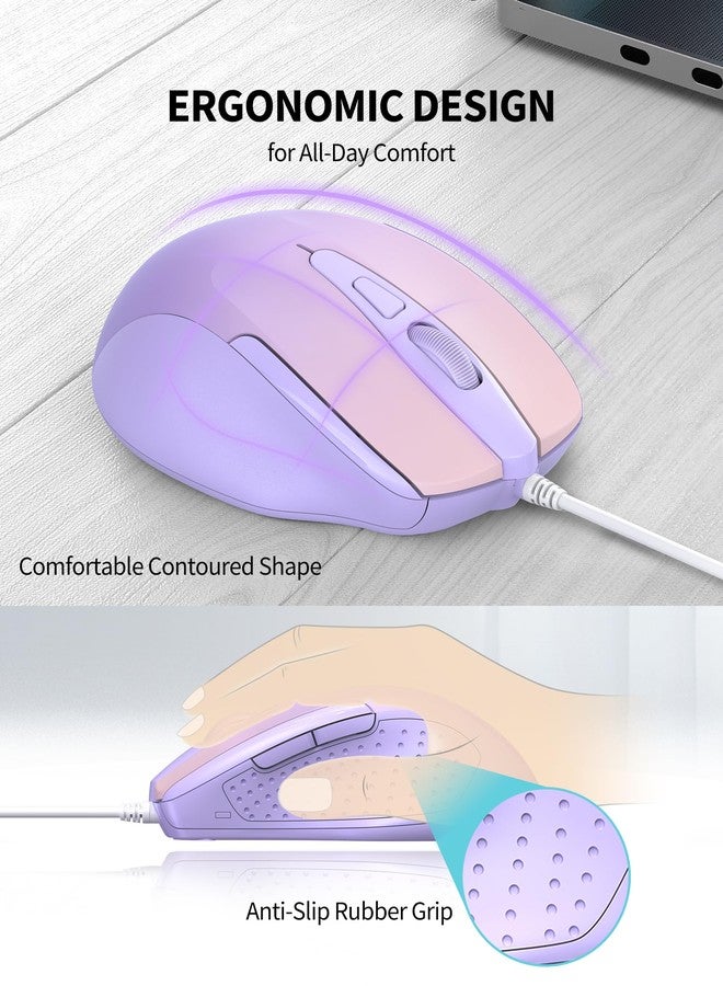 TECKNET Wired Mouse, 6-Button Corded with 4 Adjustable DPI, Optical Ergonomic Design, 5FT Cord for Laptop, Chromebook, PC, Desktop, Mac, Notebook - Gradient Lavender - Image 4