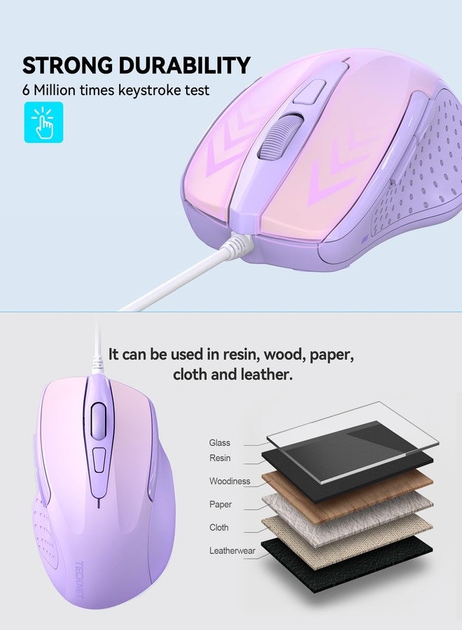TECKNET Wired Mouse, 6-Button Corded with 4 Adjustable DPI, Optical Ergonomic Design, 5FT Cord for Laptop, Chromebook, PC, Desktop, Mac, Notebook - Gradient Lavender - Image 3