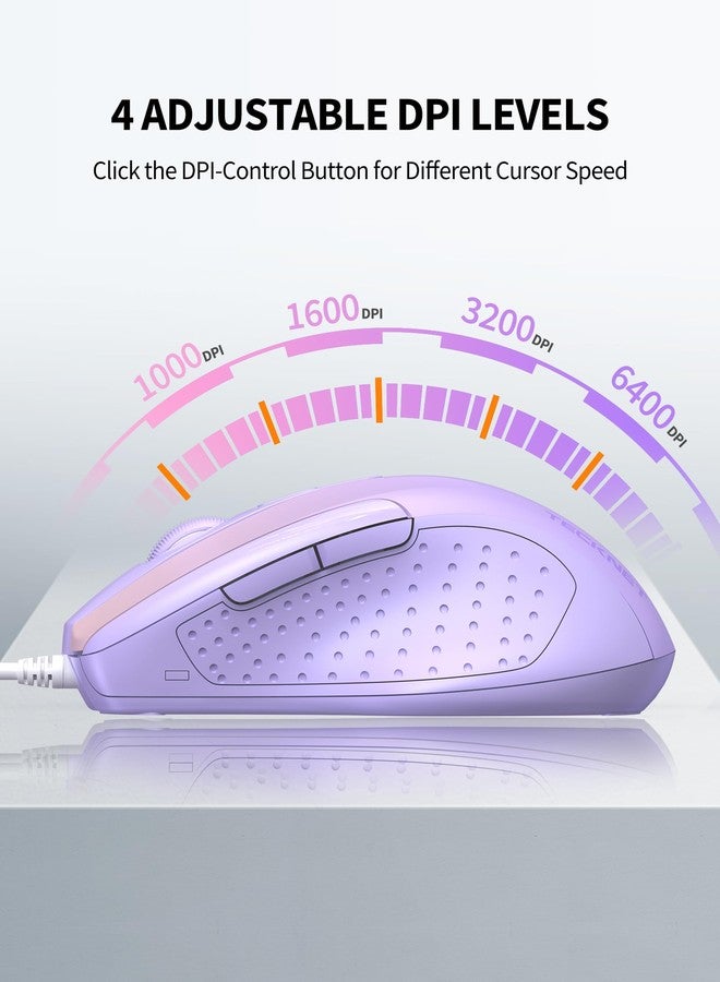 TECKNET Wired Mouse, 6-Button Corded with 4 Adjustable DPI, Optical Ergonomic Design, 5FT Cord for Laptop, Chromebook, PC, Desktop, Mac, Notebook - Gradient Lavender - Image 2