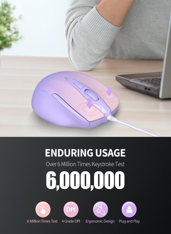 TECKNET Wired Mouse, 6-Button Corded with 4 Adjustable DPI, Optical Ergonomic Design, 5FT Cord for Laptop, Chromebook, PC, Desktop, Mac, Notebook - Gradient Lavender - Image 5