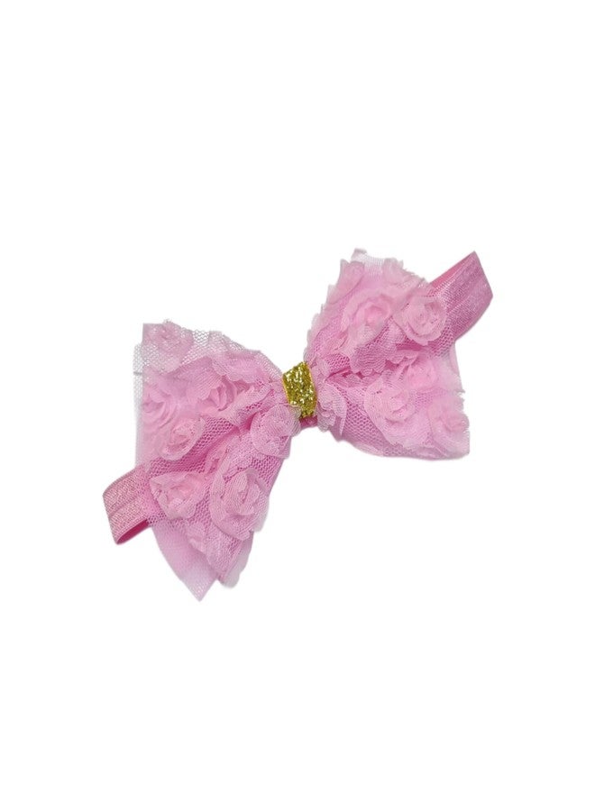 Fairytale Soft Stretchable Elastic Floral Bow Headband for Girls, Lace with Gold Accent Kids Girls Hair Accessories. (Dark Pink) - Image 3