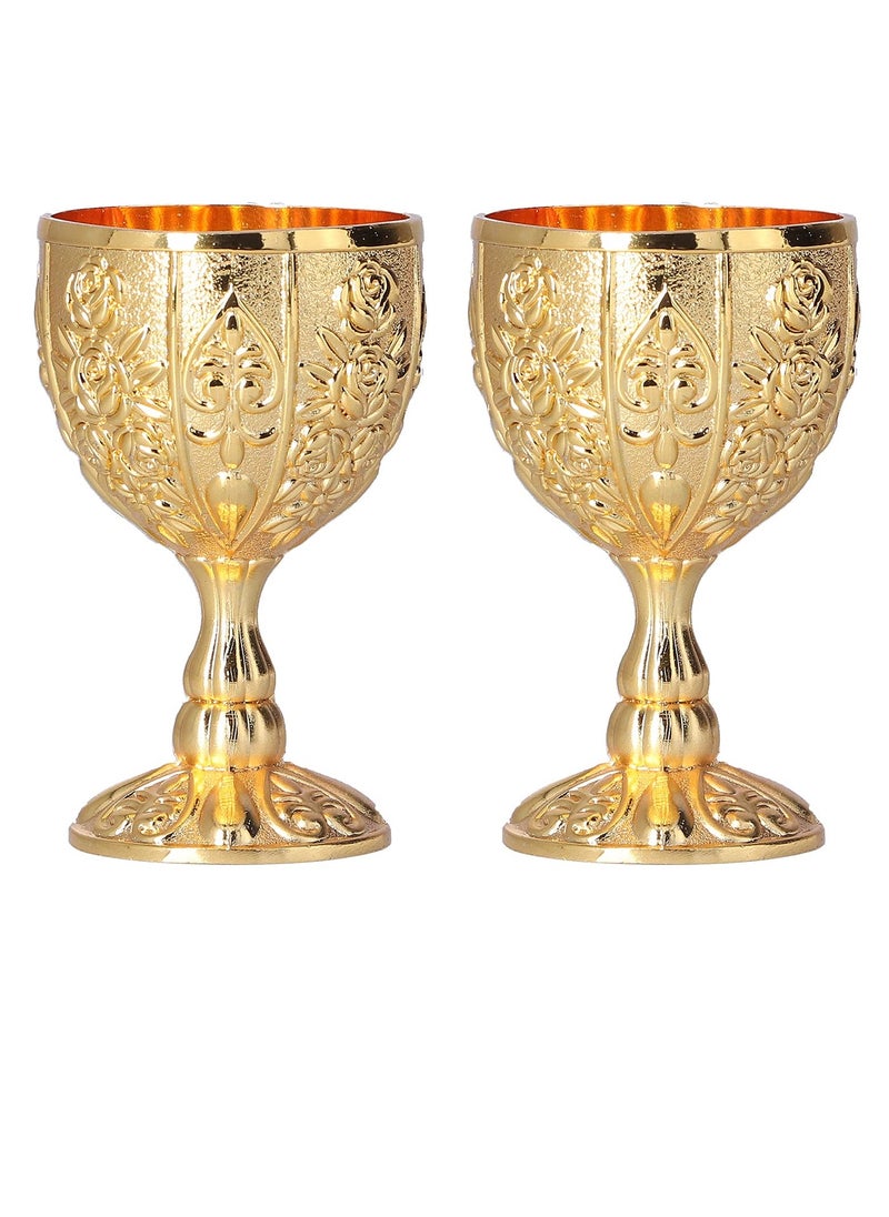 SYOSI Mini Golden Goblet 2Pcs Retro European Style Gold Goblet Brass Embossed Goblet Cup Solid Metal Embossed Wine Cup Goblet Luxury Embossed Wine Liqueur Cup Shot Glass 30ml Chalice Goblets Gold  - Image 1