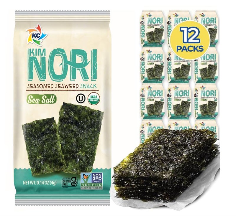 KIMNORI Seasoned Seaweed Snacks Sheets – Organic Sea Salt Flavor, 12 Individual Packs, Roasted Crispy Premium 100% Natural Laver Kim Nori, 4g 0.14 Ounce - Image 1