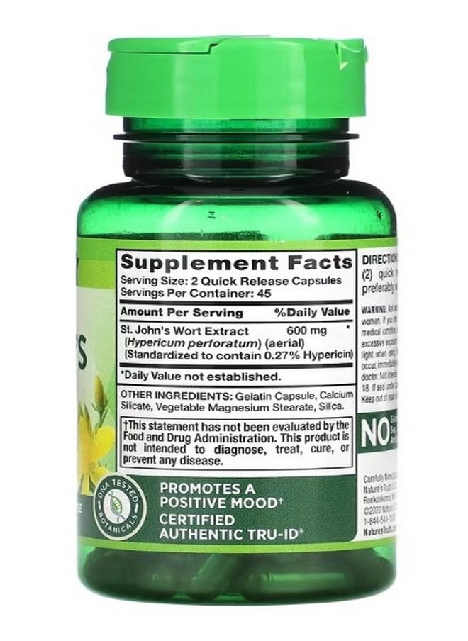 Nature's Truth Standardized St. Johns Wort 600 mg 90 Quick Release Capsules 300 mg per Capsule  - Image 2