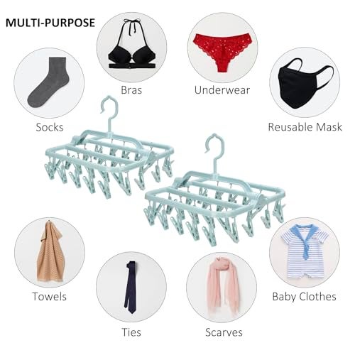 Annaklin Foldable Clip Hangers with 26 Drying Clips, Underwear Hanger with Clips, Plastic Laundry Clip and Drip Drying Hanger for Socks, Bras, Lingerie, Clothes, Sturdy, Blue, 2pc - Image 2