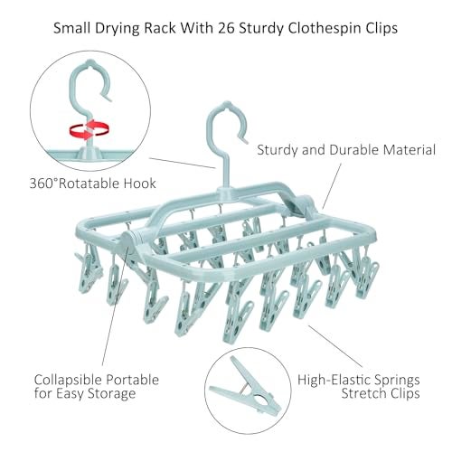 Annaklin Foldable Clip Hangers with 26 Drying Clips, Underwear Hanger with Clips, Plastic Laundry Clip and Drip Drying Hanger for Socks, Bras, Lingerie, Clothes, Sturdy, Blue, 2pc - Image 5
