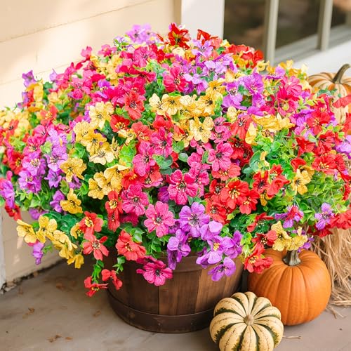 florisso Artificial Fake Plants Flowers for Outdoor Outside Spring Summer Decoration, 12 Bundles Faux Silk Colorful Mix Daisy UV Sun Resistant Realistic for Porch Patio Home Planter Window Box Yard - Image 1
