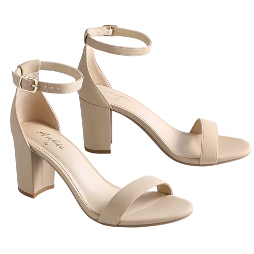 Ankis Nude Heels for Women - Open Toe Ankle Strap Chunky Heel Pump Sandals Party Wedding Strappy Buckle Sandals 2.75 Inches - Image 1