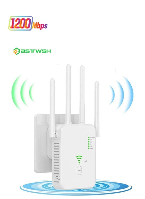 WiFi Booster, WiFi Extender, Cover up to 12880 sq.ft & 100 Devices, 1200Mbps Wall-Through Strong WiFi Booster, Dual Band 2.4G and 5G, with Ethernet Port & AP Mode, 4 Antennas 360° Full Coverage