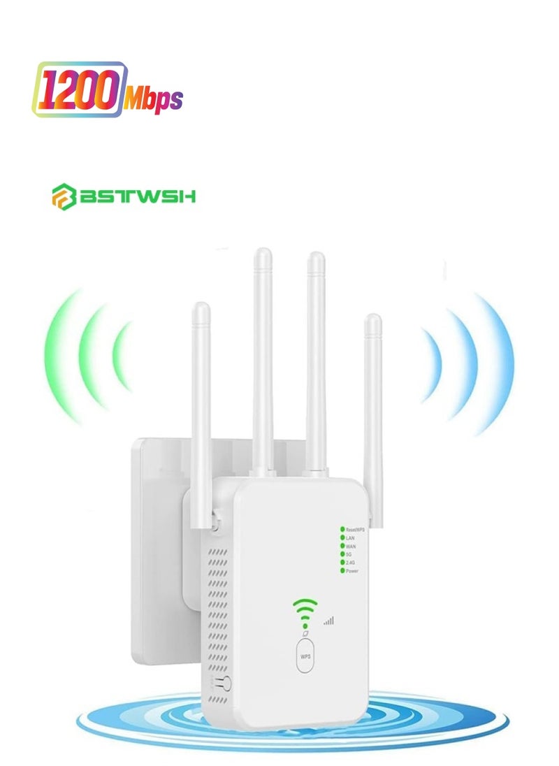 BSTWSH - WiFi Booster, WiFi Extender, Cover up to 12880 sq.ft & 100 Devices, 1200Mbps Wall-Through Strong WiFi Booster, Dual Band 2.4G and 5G, with Ethernet Port & AP Mode, 4 Antennas 360° Full Coverage - Image 1