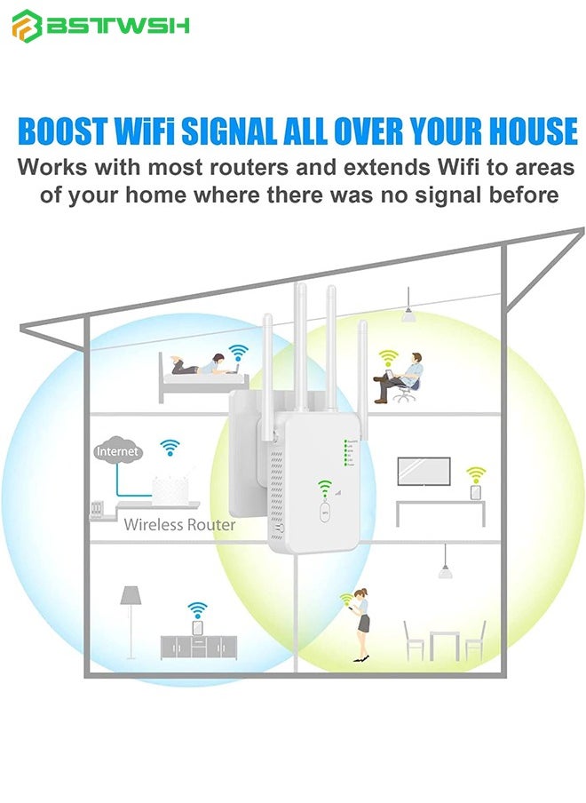 BSTWSH - WiFi Booster, WiFi Extender, Cover up to 12880 sq.ft & 100 Devices, 1200Mbps Wall-Through Strong WiFi Booster, Dual Band 2.4G and 5G, with Ethernet Port & AP Mode, 4 Antennas 360° Full Coverage - Image 1